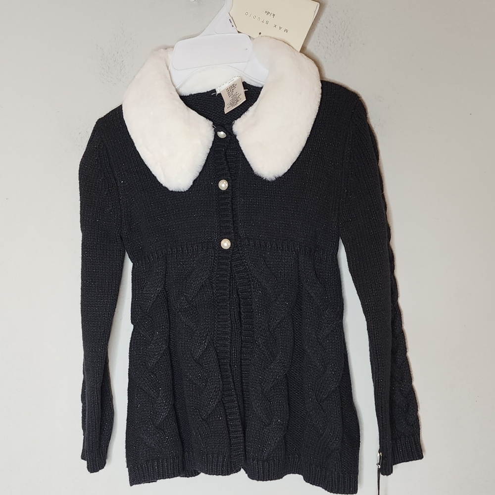 NWT Max Studio Black Metallic Faux Fur Buttom Sweater Cable Knit Cardgian Small